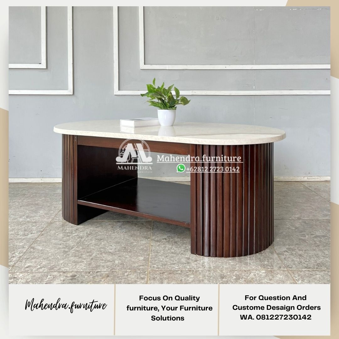 Meja Tamu Marmer Oval Minimalis dengan Rak Bawah