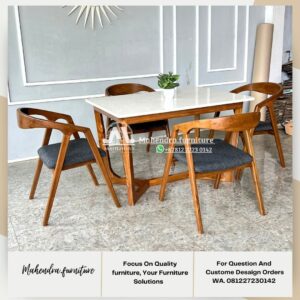 Set Meja Makan Marmer Minimalis 4 Kursi Jati Solid Modern - Gambar 3