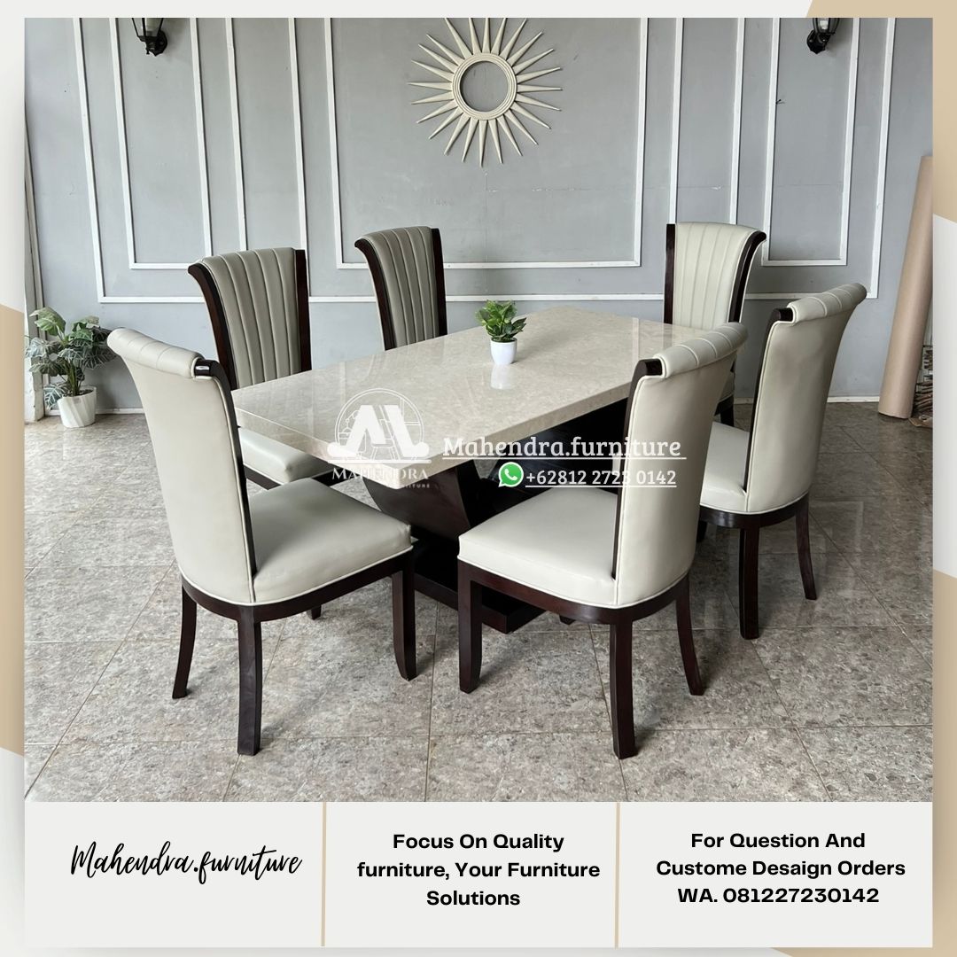 Set Meja Makan Marmer 6 Kursi Jati Klasik Mewah Jok Modern