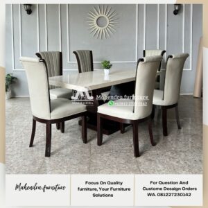 Set Meja Makan Marmer 6 Kursi Jati Klasik Mewah Jok Modern - Gambar 3