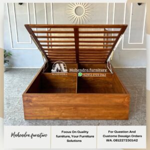 Tempat Tidur Jati Hidrolik Full Storage dengan Headboard Rotan - Gambar 5