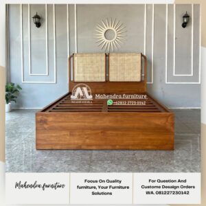 Tempat Tidur Jati Hidrolik Full Storage dengan Headboard Rotan - Gambar 6