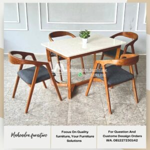 Set Meja Makan Minimalis 4 Kursi Jati Marmer Desain Mid-Century