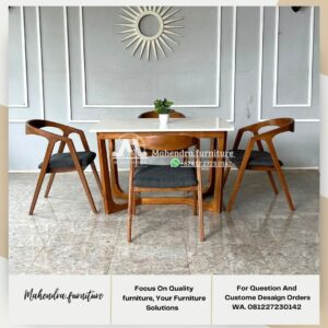 Set Meja Makan Minimalis 4 Kursi Jati Marmer Desain Mid-Century - Gambar 3
