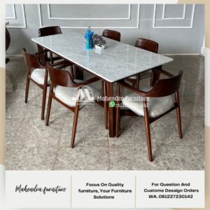 Set Meja Makan Marmer Putih 6 Kursi Kayu Jati Minimalis Modern - Gambar 6