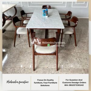 Set Meja Makan Marmer Putih 6 Kursi Kayu Jati Minimalis Modern - Gambar 3