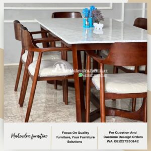 Set Meja Makan Marmer Putih 6 Kursi Kayu Jati Minimalis Modern - Gambar 4
