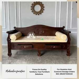 Bangku Sofa Daybed Kayu Jati Ukir Klasik dengan 2 Laci - Gambar 3