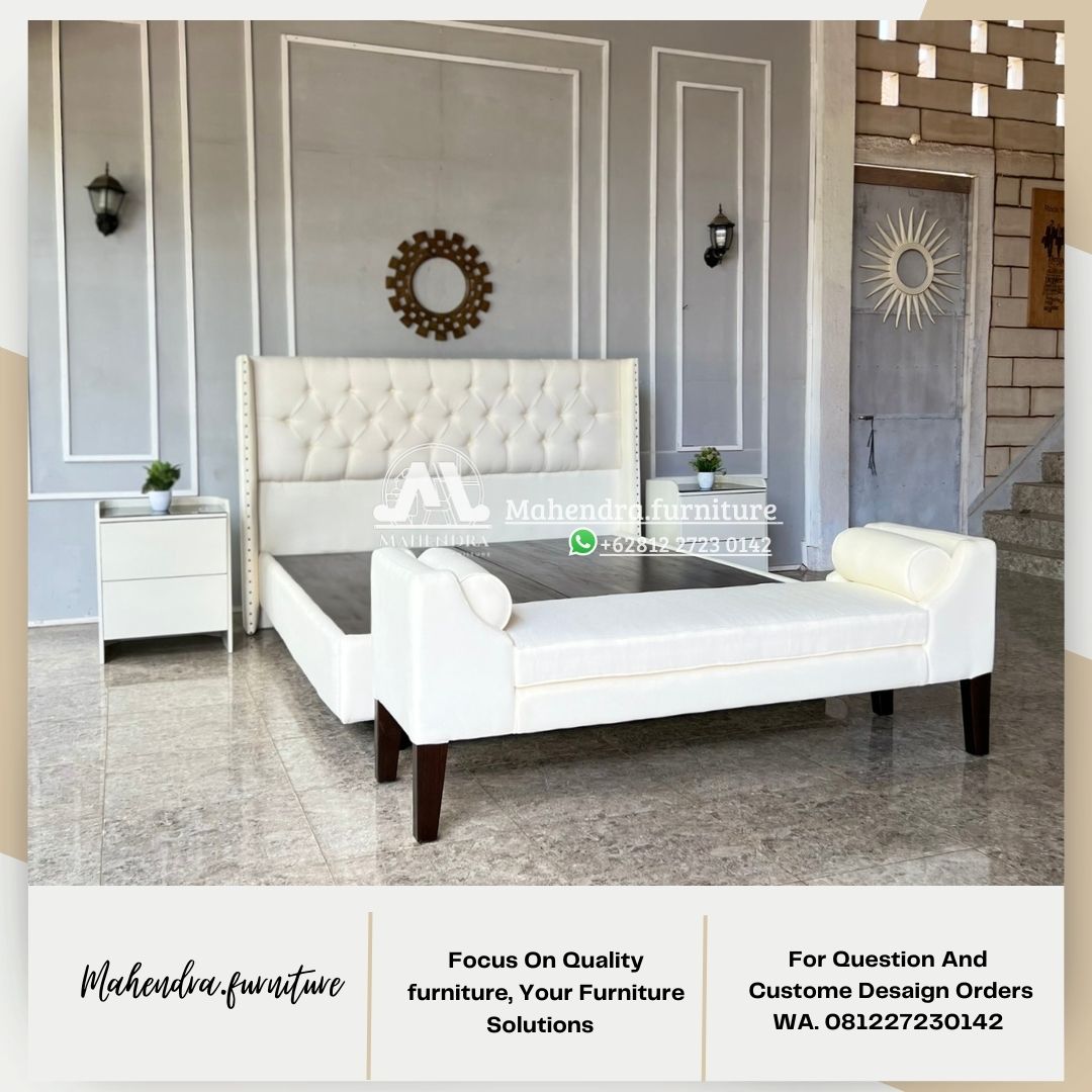 Set Dipan Tempat Tidur Modern Putih Headboard Lembut+2 Nakas
