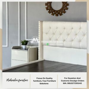 Set Dipan Tempat Tidur Modern Putih Headboard Lembut+2 Nakas - Gambar 5