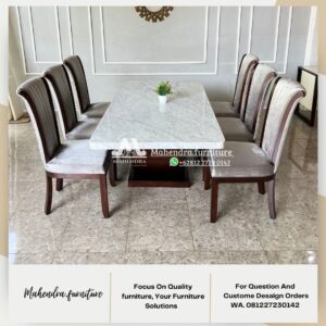 Set Meja Makan Marmer Putih 6 Kursi Jati Minimalis Mewah - Gambar 5