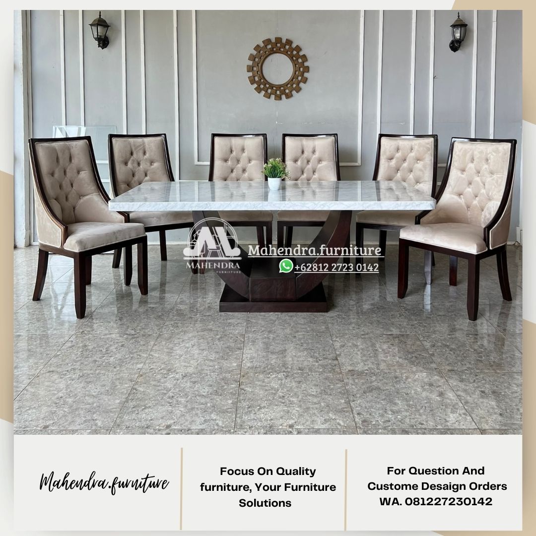 Set Meja Makan Marmer Carrara Italy 6 Kursi Elegan & Mewah