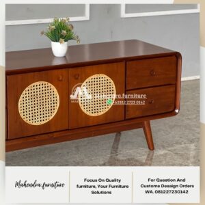Kabinet Kayu Jati Retro Minimalis dengan Rattan Meja TV Vintage - Gambar 5