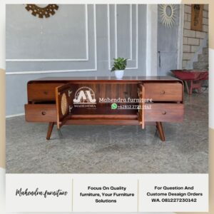 Kabinet Kayu Jati Retro Minimalis dengan Rattan Meja TV Vintage - Gambar 8