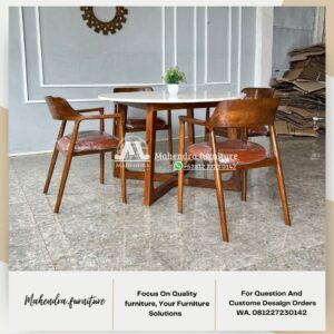Set meja makan marmer bulat 4 kursi jati - Gambar 3