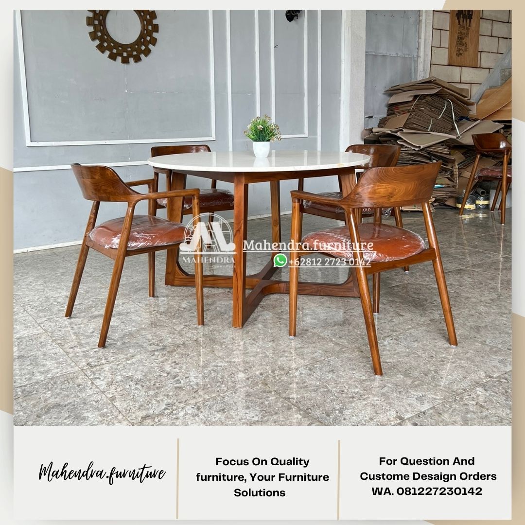 Set meja makan marmer bulat 4 kursi jati