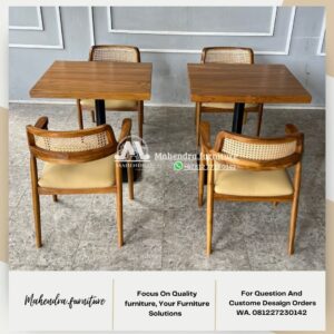 Set Meja Makan Cafe Minimalis Jati Kursi Rotan Vintage-Industrial - Gambar 2