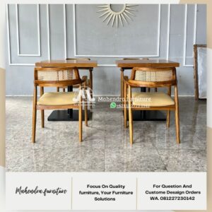 Set Meja Makan Cafe Minimalis Jati Kursi Rotan Vintage-Industrial - Gambar 3