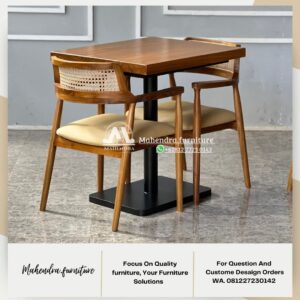 Set Meja Makan Cafe Minimalis Jati Kursi Rotan Vintage-Industrial - Gambar 4