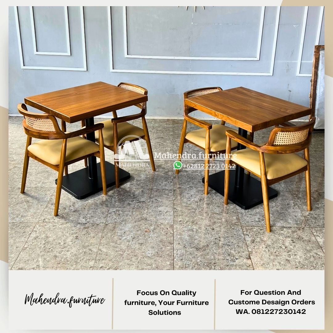 Set Meja Makan Cafe Minimalis Jati Kursi Rotan Vintage-Industrial