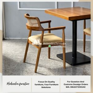 Set Meja Makan Cafe Minimalis Jati Kursi Rotan Vintage-Industrial - Gambar 7