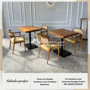 Set Meja Makan Cafe Minimalis Jati Kursi Rotan Vintage-Industrial - Gambar 8