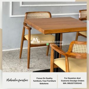 Set Meja Makan Cafe Minimalis Jati Kursi Rotan Vintage-Industrial - Gambar 10