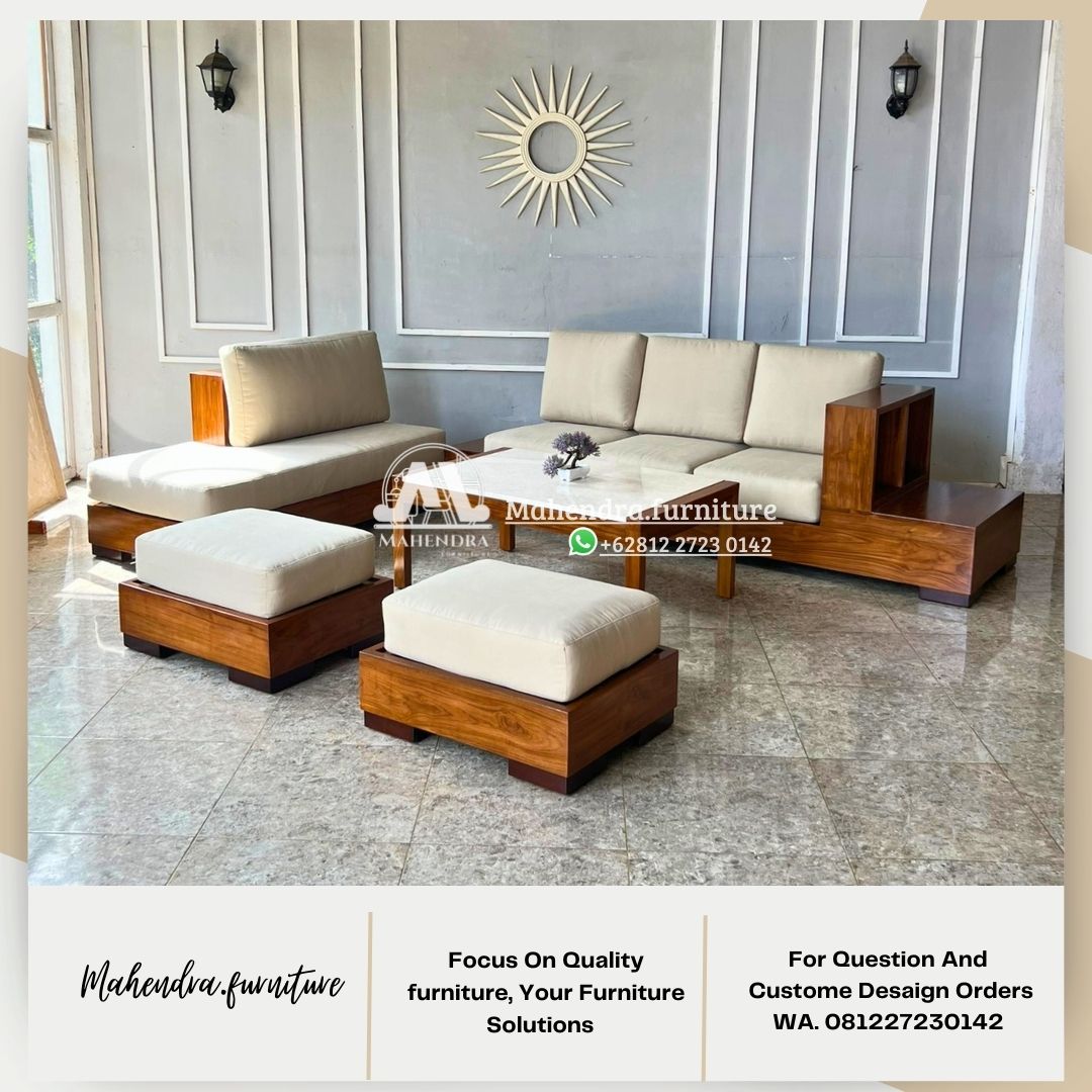 Set Sofa Minimalis Kayu Jati L Modern & Puff Sofa Tamu Premium