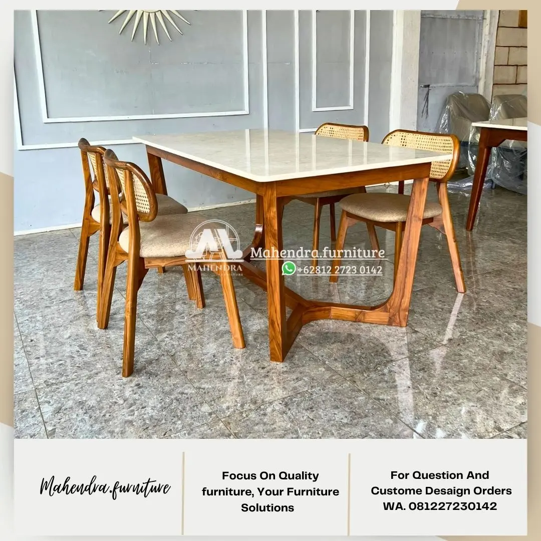 Set Meja Makan Marmer Kaki Kayu Meja Makan Minimalis Modern - Gambar 1