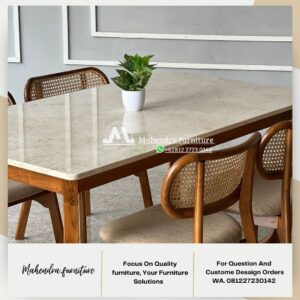 Set Meja Makan Marmer Kaki Kayu Meja Makan Minimalis Modern - Gambar 4