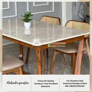Set Meja Makan Marmer Kaki Kayu Meja Makan Minimalis Modern - Gambar 6