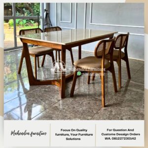 Set Meja Makan Marmer Kaki Kayu Meja Makan Minimalis Modern - Gambar 7