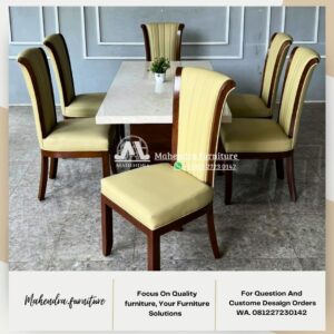 Set Meja Makan Marmer Stella 6 Kursi Kayu Jati Modern 180x90 - Gambar 2