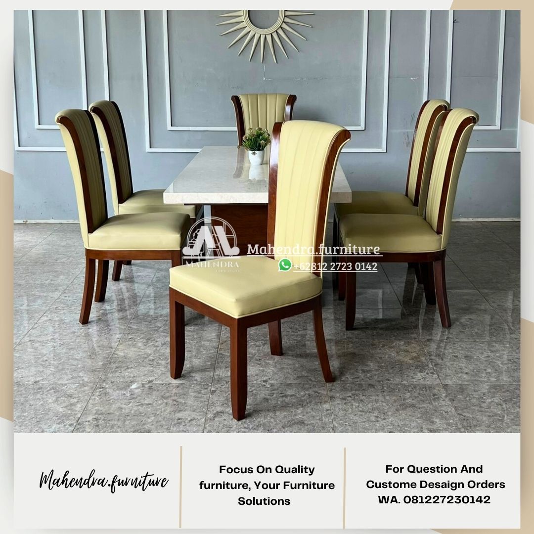 Set Meja Makan Marmer Stella 6 Kursi Kayu Jati Modern 180x90
