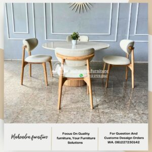 Set Meja Makan Marmer Bundar 4 Kursi Jati Scandinavian - Gambar 4