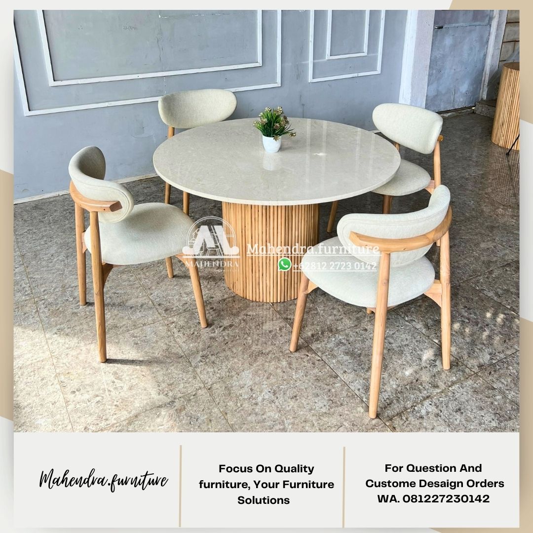 Set Meja Makan Marmer Bundar 4 Kursi Jati Scandinavian