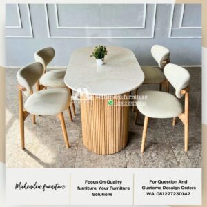 Set Meja Makan Marmer Oval Dengan 4 Kursi Jati Gaya Scandinavian - Gambar 3
