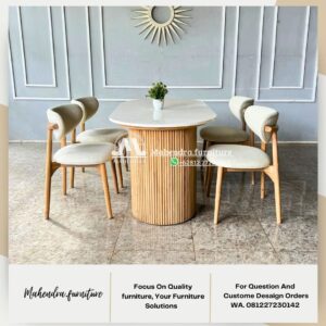 Set Meja Makan Marmer Oval Dengan 4 Kursi Jati Gaya Scandinavian - Gambar 4