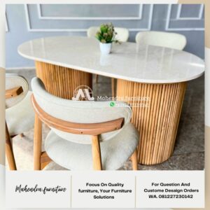 Set Meja Makan Marmer Oval Dengan 4 Kursi Jati Gaya Scandinavian - Gambar 5