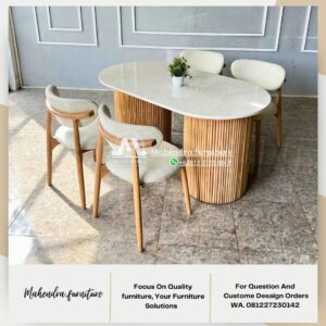 Set Meja Makan Marmer Oval Dengan 4 Kursi Jati Gaya Scandinavian
