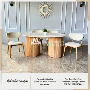 Set Meja Makan Marmer Oval Dengan 4 Kursi Jati Gaya Scandinavian - Gambar 7
