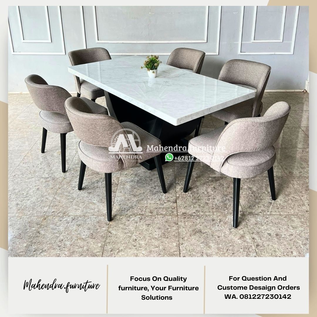 Set Meja Makan Marmer Putih Carrara Italy Dengan 6 Kursi