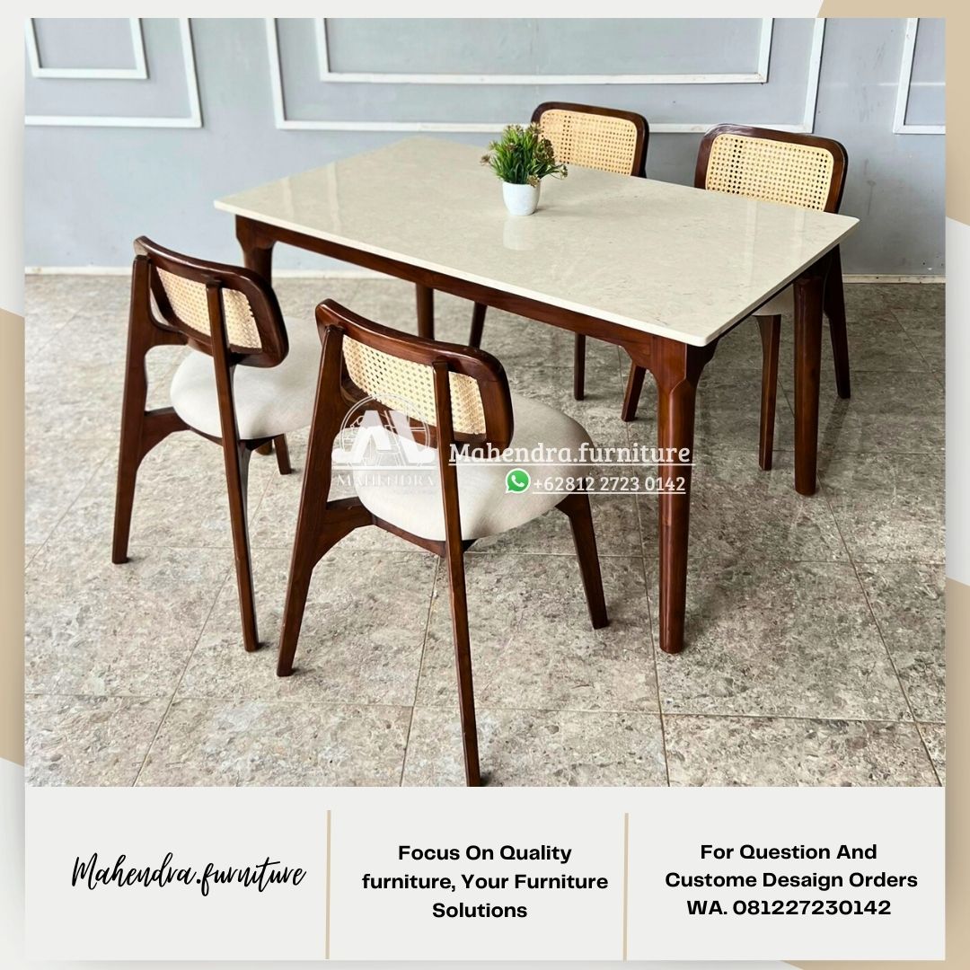 Set meja makan marmer minimalis dengan 4 kursi jati